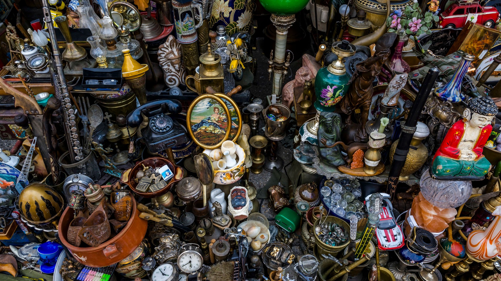 Colorful Collection of Vintage Antiques and Unique Items Displayed